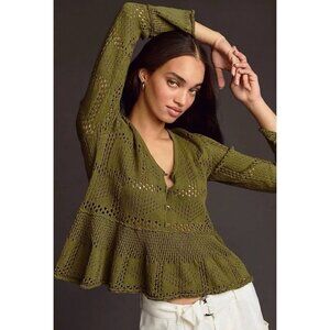 NWT PILCRO Anthropologie Green Pointelle Babydoll Long Bell Sleeve Sweater M